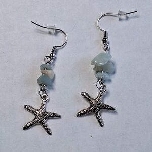 Handcrafted Beachcomber Silver Tone Starfish Blue White Chip Dangle Earrings